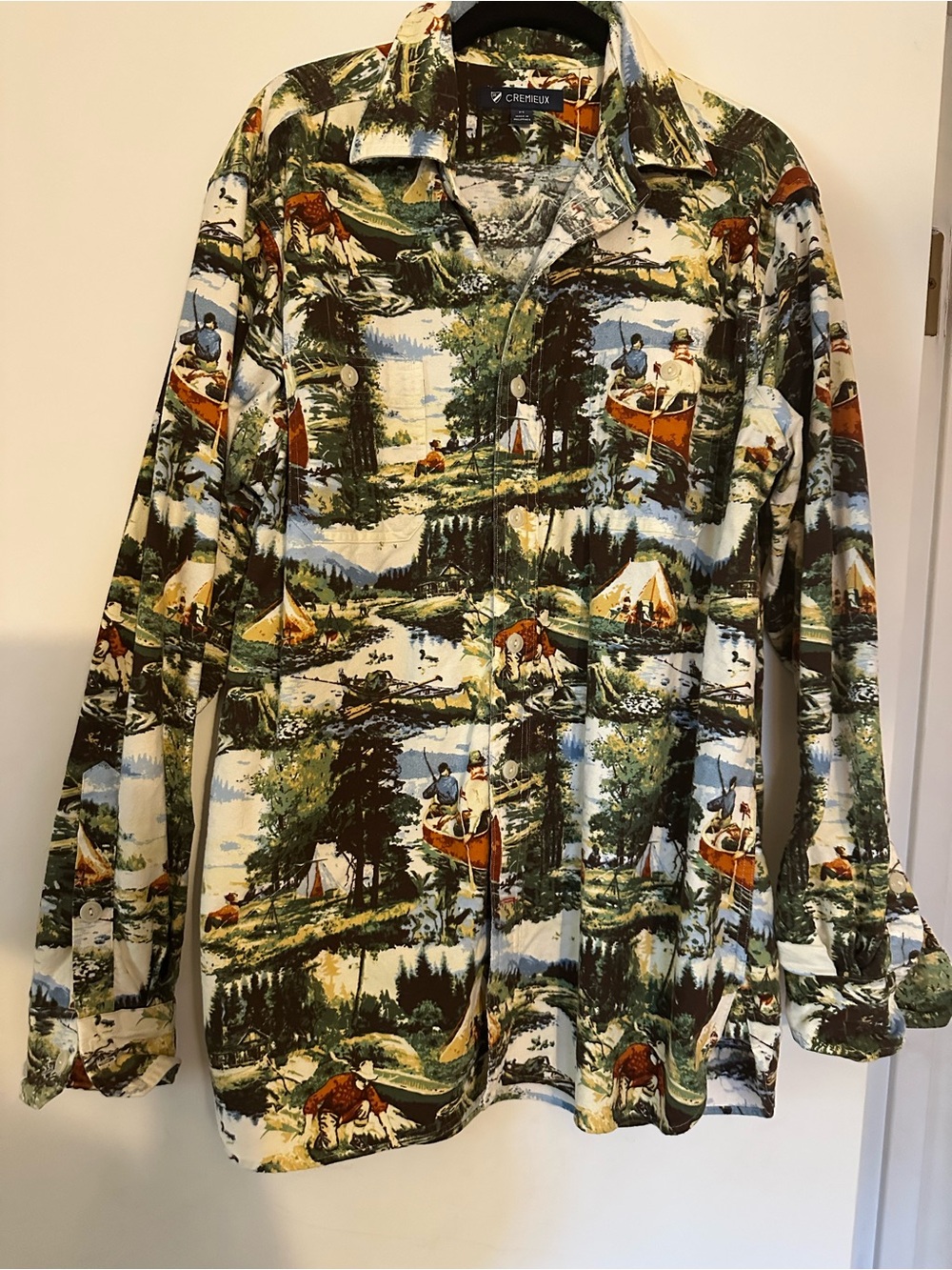 CREMIEUX Scenic Campfire Print Button-Up Shirt in Green & Blue